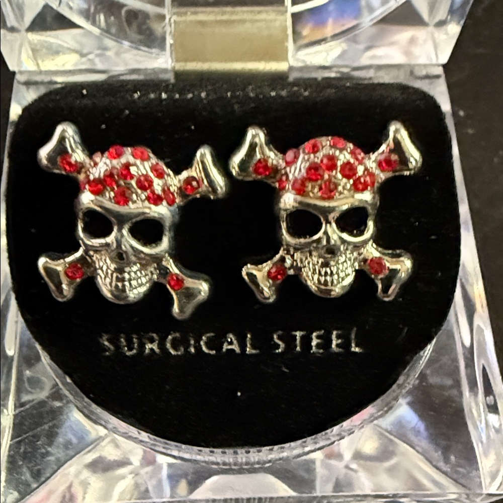 Skull and Crossbones Surgical Steel Earrings - Red and Silver
